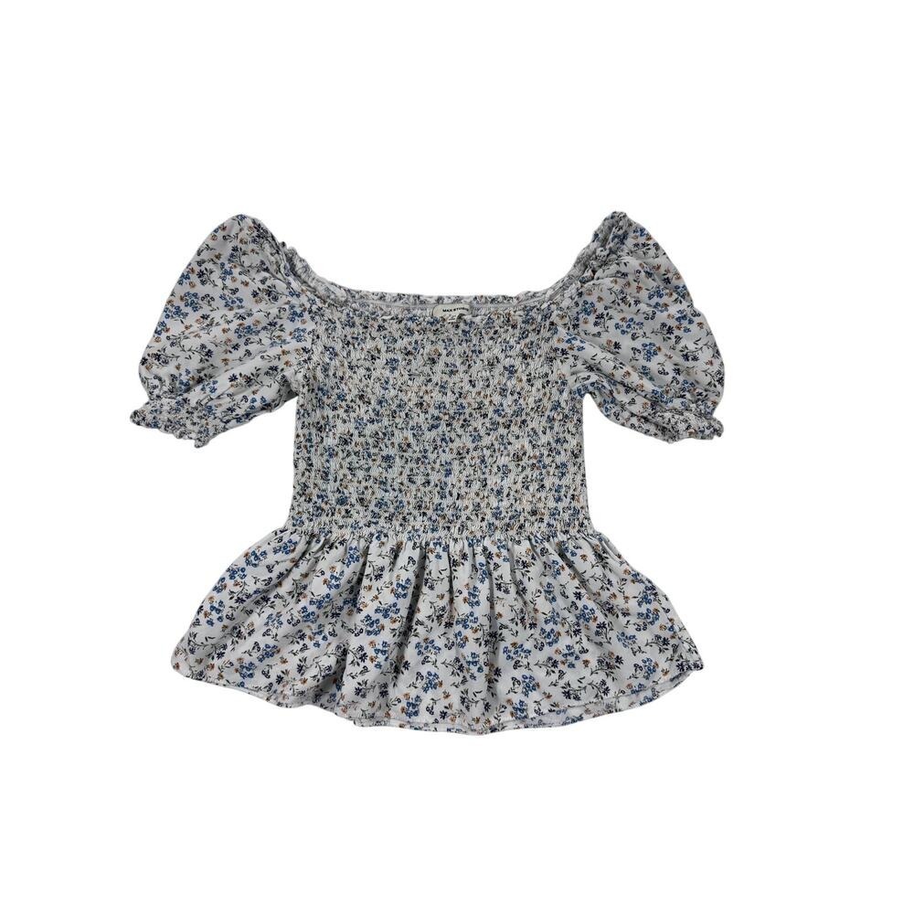 Max Studio Floral Smocked Peplum Top Blue White Puff Sleeve‎ Mens M